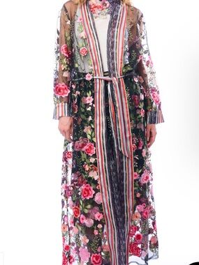 Aratta Sheer Black Maxi Dress with Pink and Red Floral Embroidery